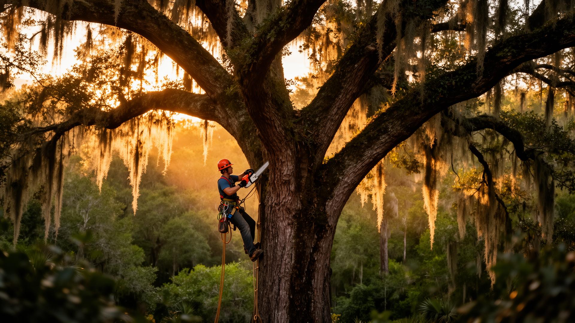 Certified arborist climbing a Southern oak in Alabama
